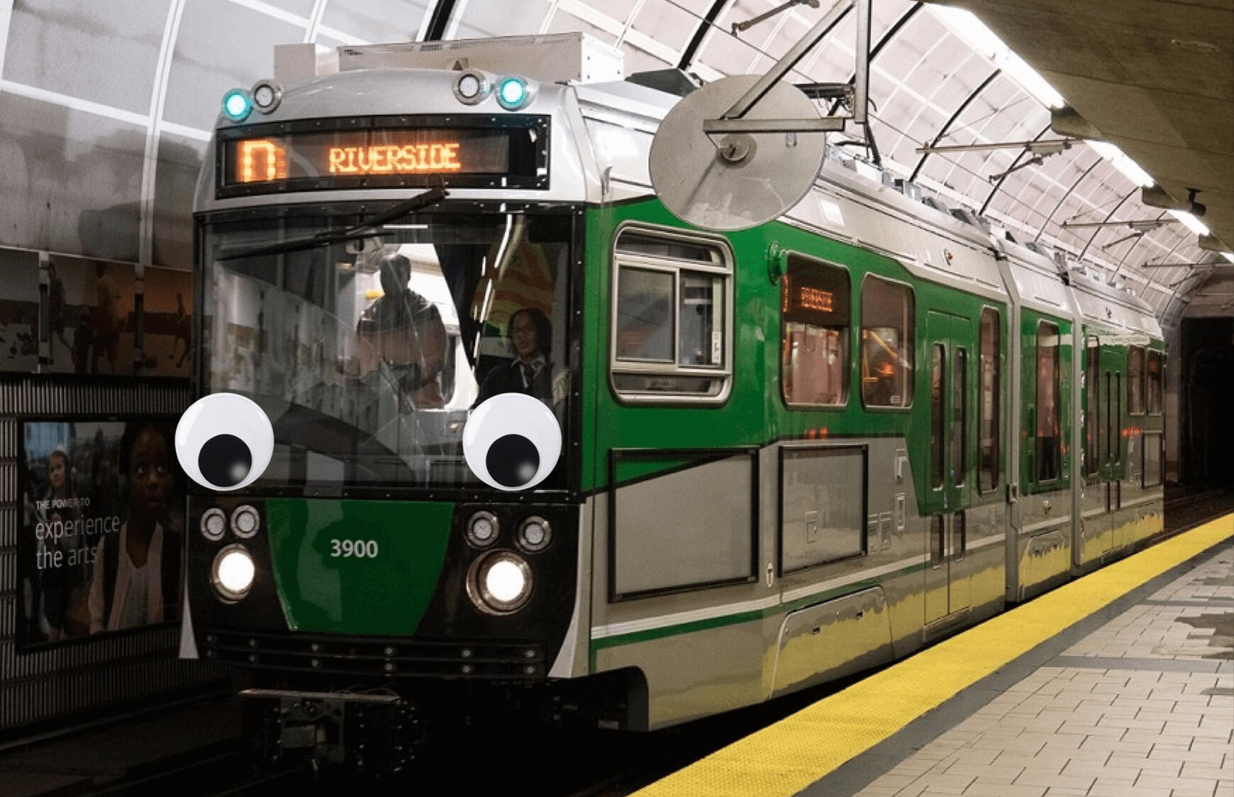 Green line T train with googly eyes